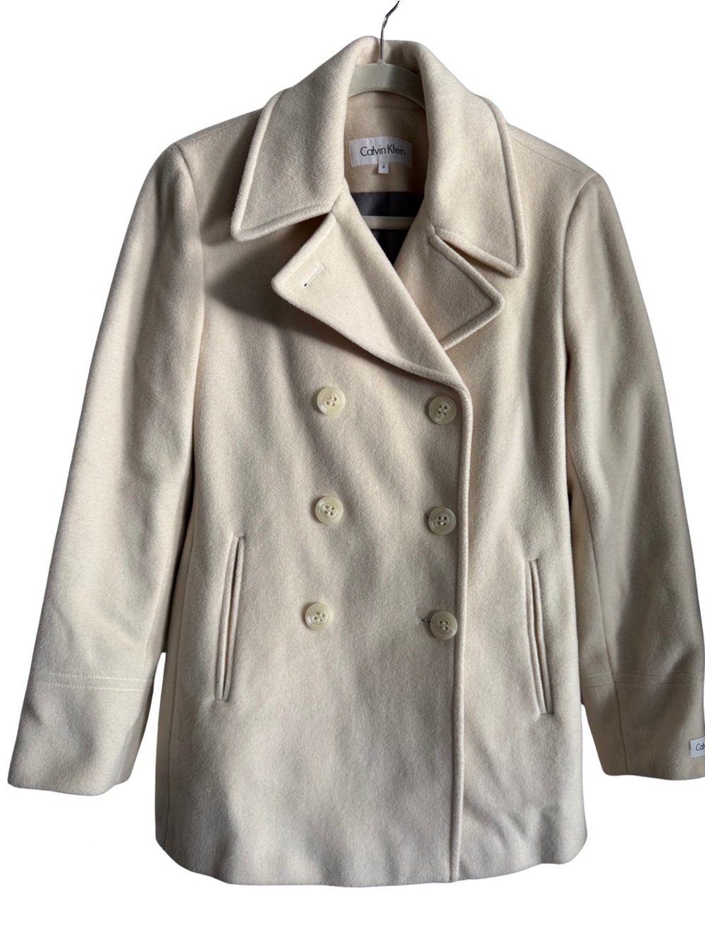 Calvin Klein Cream Double Breasted Wool Blend Coat Size 6